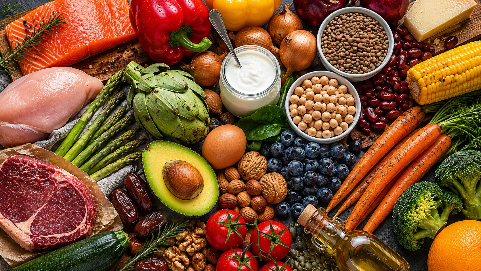 Frische Lebensmittel – Gemüse, Obst, Fisch, Fleisch, Hülsenfrüchte und Nüsse